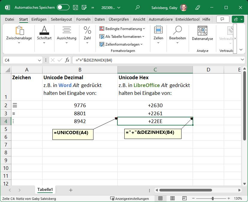 Screenshot Excel Sonderzeichen wie ☰ und ⋮
